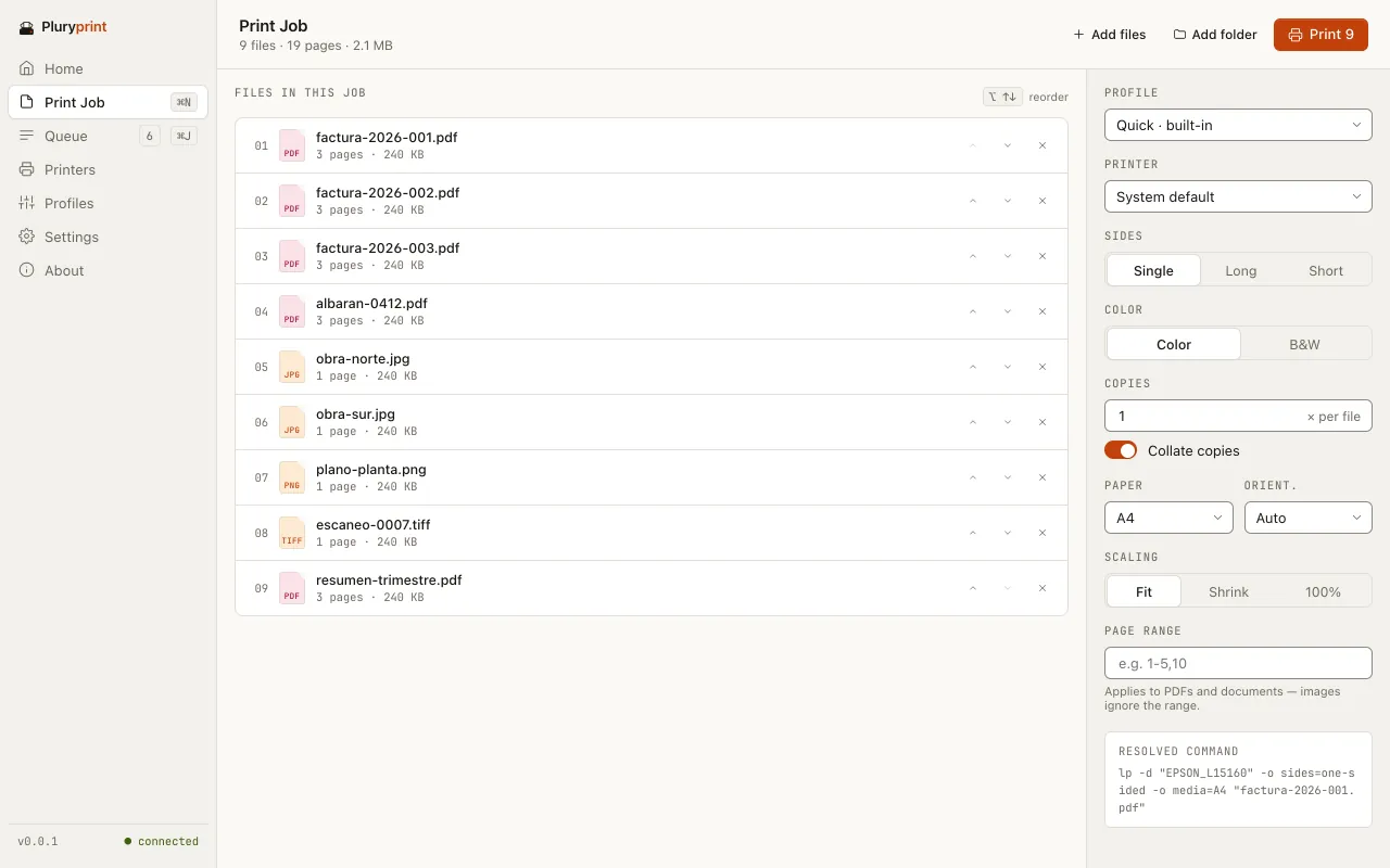 The Print Job screen with nine files (PDF, JPG, PNG and TIFF) in one job; on the right, profile, printer, sides, colour, copies, paper, orientation, scaling, page range and the resolved command that will be sent to the printer.