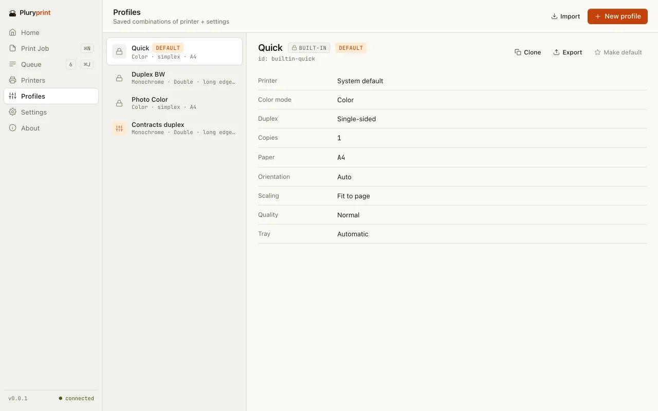 The Profiles screen: on the left Quick (default), Duplex BW, Photo Color and a custom one; on the right, Quick’s settings and the Duplicate, Export and Default buttons.